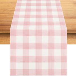 Linen Watercolor Pink White Buffalo Check Plaid Table Runner Gingham Tablecloth Farmhouse Spring Summer Easter Home Kitchen Table Decorations-13×72''(Pink and White)
