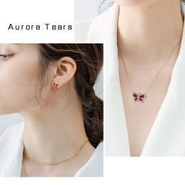 Aurora Tears Red Butterfly Jewellery Sets Women 925 Sterling Silver Animal Butterflies January Birthstone Garnet Necklace/Earring Set Crystal Wedding Birthday Jewelry DS0090J
