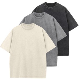 3 Pcs Oversized Heavy Cotton Summer T-Shirts Vintage Unisex Short Sleeves Casual Loose Basic Tops(Beige+Black+Grey M)