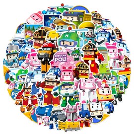 50Pcs Robocar Poli Stickers, Korean Children's Animation Decals for Laptops Water Bottles Cars Skateboard, Waterproof Vinyl Cute Amber Roy Helly Jin Sticker Packs for Teens Aldults Boys Girls