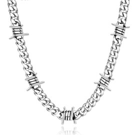 FEEL STYLE Barbed Wire Cuban Link Chain for Men Women Stainless Steel Thorns Choker Necklace Hip-hop Punk Gothic Jewelry 16-22inch, 18inch, Stainless Steel, No Gemstone