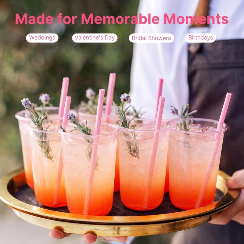 100 Pack Pink Plastic Cups with Lids and Straws 16