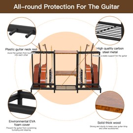 Nisorpa Metal Guitar Stand for 8 Guitars,Floor Guitar Holder with 3-Tier Wood Storage Shelf Multiple Guitars Rack,Display Guitar Amp Stand For Music Studio Acoustic Electric Guitar Bass