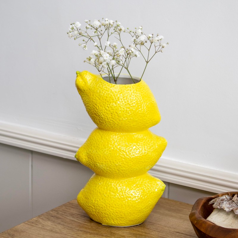 Triple Lemon Stack Vase Ceramic Yellow Summer Fruit Flower Bud