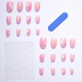KTAABTR French Tip Press on Nails short Almond Shaped - Purple French Tip Fake Nails with Glue Flowers Acrylic Nails Design Spring Summer Floral False Nails Stick on Nails for women Girls