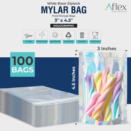 AFLEX 100 Pack Holographic Mylar Bags, Reusable, Polyethylene and Aluminum Combination, Zipper Closure, 3 x 4.5 Inch, Premium Quality Food Storage Bags with Clear Window and Rainbow Effect
