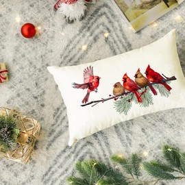 RABUSOFA Christmas Pillow Covers 12x20 Inch,Christmas Decorations Throw Pillow Covers Cardinal Birds Holiday Xmas Decor Cushion Covers for Sofa Home Couch Outdoor Winter Decor Red(18-12)