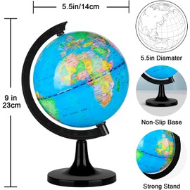 Wizdar 5.5" World Globe for Kids Learning, Educational Rotating World Map Globes Mini Size Decorative Earth Children Globe for Classroom Geography Teaching, Desk & Office Decoration-5.5 inch