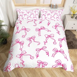 Feelyou Kawaii Bow Duvet Cover Cute Bowknot Bedding Set for Kids Boys Girls Teens Room Decor Pink Girls Bow Comforter Cover Set Twin Size Lovely Decor Bedspread Cover 3Pcs Zipper
