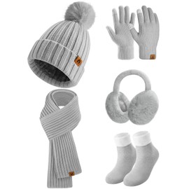 heekpek Hat Scarf Gloves Ear Muffs and Socks Set Women's 5 Pieces Warm Winter Hat Winter Scarf Knitted Winter Accessories Winter Set 5 in 1, gray