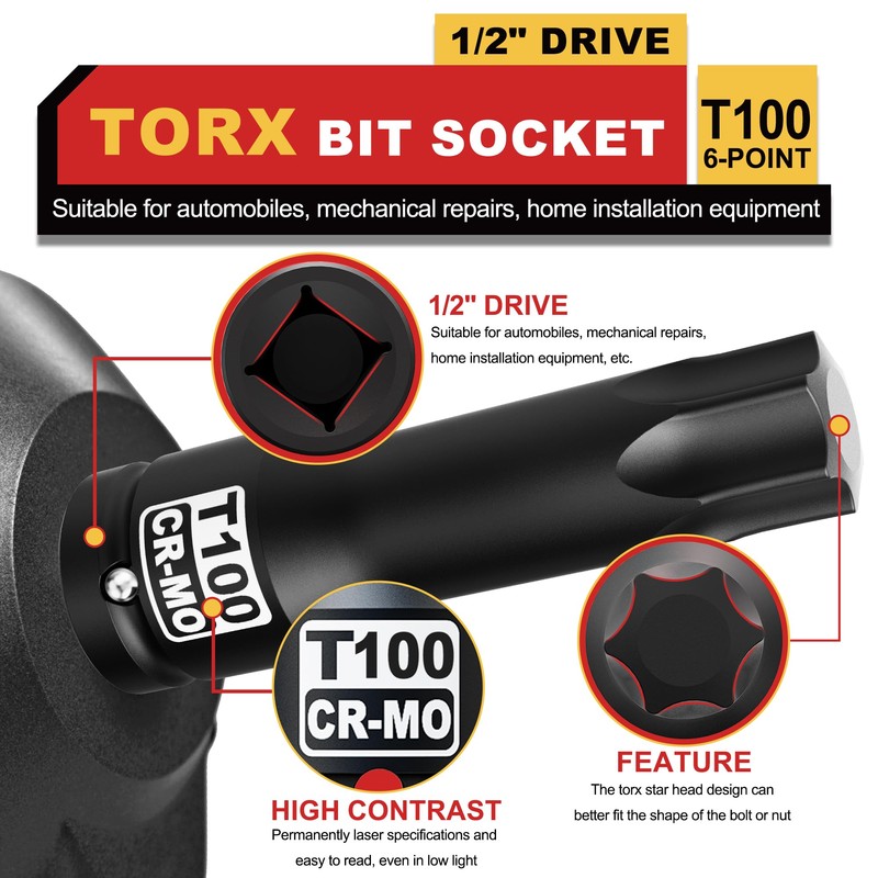 KIRXST 1/2" Drive T100 Torx Bit Socket, 6 Point Star