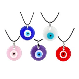 Caiyao Evil Eye Pendant Necklace Glass Leather Rope Chain Turkish Protect Lucky Necklace for Women Men-5 Pcs Round
