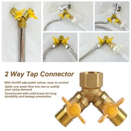 Oumefar G1/2 Brass 2 Dual Faucet Connector Way Hose Splitter 2 Way Tap Adapter with Valve Garden Irrigation Double Tap Hose Connector Adapter