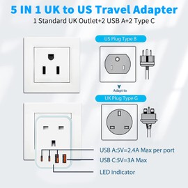 UK to US Plug Adaptor, 5 in 1 USA Travel Adapter with 2 USB A Ports & 2 USB C Ports(5V/3.4A), American to UK Plug Adapter, Plug Adapter from UK to USA for US Canada Mexico Colombia Thailand(Type B)