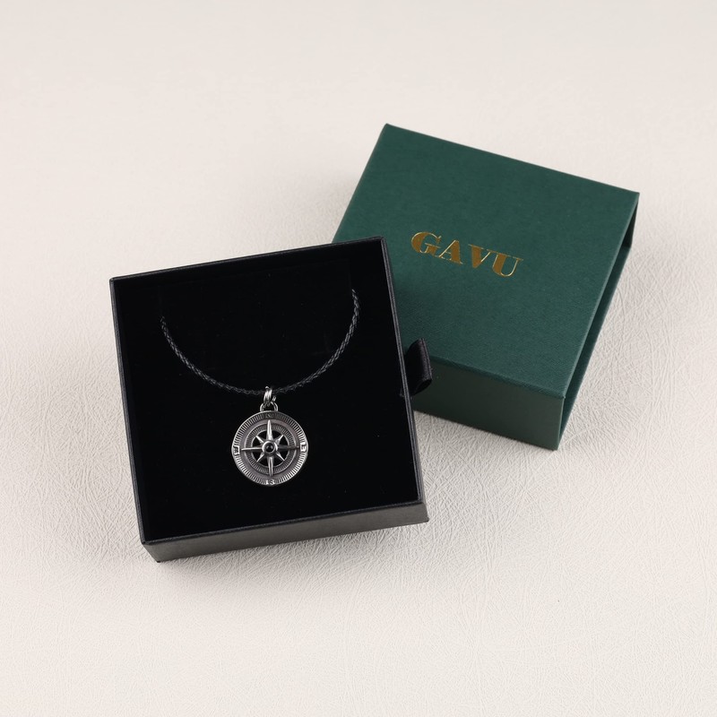 GAVU Men's Genuine Leather Necklace, Stainless Steel Compass Necklace for