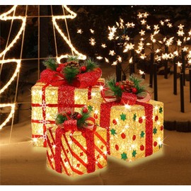 JUSTPRO [Extra Large 9.5"-8"-6.5"] 3 Pack 70 LED Lighted Gift Boxes Christmas Decorations9.5+8"+6.5" 70LED Three Lighted Gift Boxes, Warm Light, 6+1 Flash, 5V
