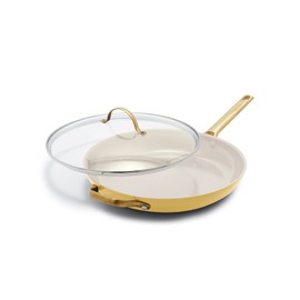 GreenPan Reserve Hard Anodized Healthy Ceramic Nonstick 12" Frying Pan Skillet with Helper Handle and Lid, Gold Handle, PFAS-Free, Dishwasher Safe, Oven Safe, Sunrise Yellow