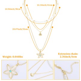 Multilayered Gold Starfish Pendant Necklace for Women Dangle Shell Charm Pearl Choker Necklace Adjustable Chain Layered Gold Plated Hollow Sea Star Necklace Summer Beach Ocean Jewelry Gift for Her