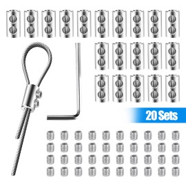 RedTagTown 20pcs Double Wire Rope Clips Set for 1-2.5mm Cable with Screws Spanner, Silver