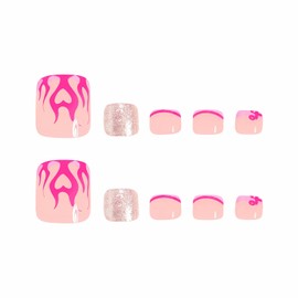 MISUD Pink Press on Toenails Glossy Fake Toe Nails Glue on Nails French Tip Acrylic Toe Fake Nails Supplies Bling Glitter False Toenails Art with Design Full Cover Press-on Toe Nails DIY 24pcs