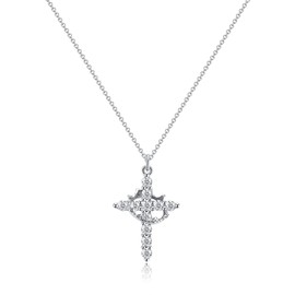 Robaice Silver Crown Cross Necklace for Women, Silver-Plated Christian Faith Necklace with Diamond Accents