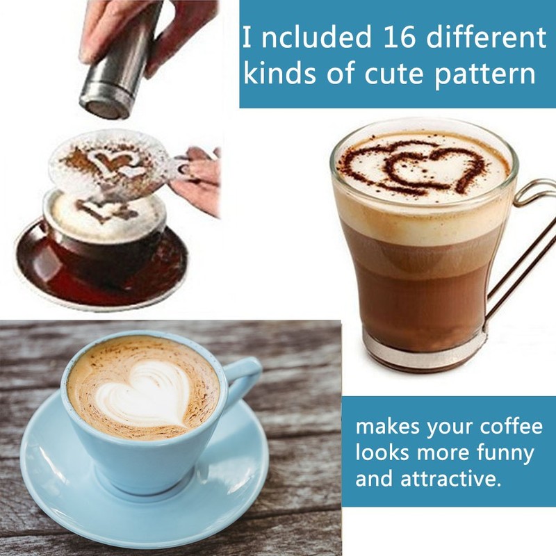16 Pieces Cappuccino Stencils, Barista Stencil Cappuccino Decorator, Plastic Coffee