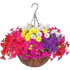 BIG KEYS Faux Hanging Plants Flowers Basket Decoration, Fake Silk Morning Glory in Planter UV Resistant Realistic Artificial Flower for Outside Porch Patio Balcony （Colour Mixture