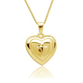Precious Pieces Girl's 14K Gold-Plated First Communion Cross Heart Locket Necklace for Toddlers, Kids and Little Girls