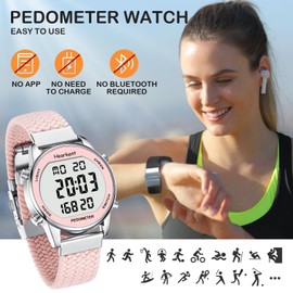 Hearkent Pedometer Watch for Walking, Waterproof Step Counter for Women, Sport Watch with Simple Calories Counter, Large Number Display Wrist Watch, Ideal for Elderly Senior Women (pink)