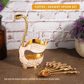 Coffee Spoon Set, 11 cm Long, 6 Coffee Spoons with 8 cm x 15.5 cm, Swan Coffee Spoon Holder, Highly Polished Design, Dessert Sugar Spoon Set for Restaurants, Cafes, Gifts (Golden White)