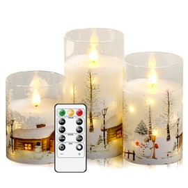 Christmas Flameless Candles with Remote - White LED Candles & String Lights, with Glass casing Battery Operated Set of 3 (D3 x H4/5"/6") for Window Decor, Christmas Decorations,Living Room Decoration