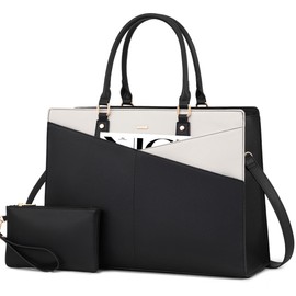 LOVEVOOK Laptop Tote Bag for Women, Leather Business Office Work Bag Computer Briefcase with Small Clutch fit for 15.6 Inch Laptop,Black-Beige