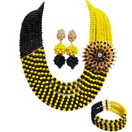 aczuv 8 Rows African Bead Necklace Jewelry Set for Women Nigerian Wedding Bridal Jewelry Sets (Opaque Yellow Black)