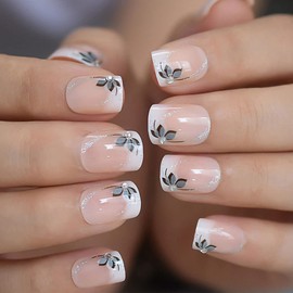 Daterkey 24 Pieces French Short Square False Nails Flower Bare Nails Rhinestones Press On Nails for Women Girls