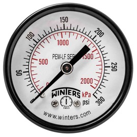 Winters 2 inch Dial Size, Economy Utility Dry Pressure Gauge, Potable Brass Internals, Steel Case, Dual Scale 0-300 psi/kPa, 3-2-3% Accuracy, 1/4 inch NPT Back Mount, Drinking Water Pressure Gauge