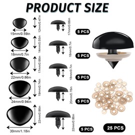 JIYIN Pack of 25 Safety Noses for Crochet Animals, 15/18/22/24/30 Safety Noses for Cuddly Toys, Plush Toys, Plastic Safety Noses with Washers for Dolls, Plush Toys, DIY Crafts