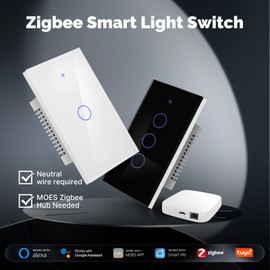 MOES Zigbee Smart Switches 3 Gang, Require MOES Zigbee Hub and Neutral Wire, Inteligente Single Pole Light Switch, Work as Relay, Support Tuya Smart Life, White