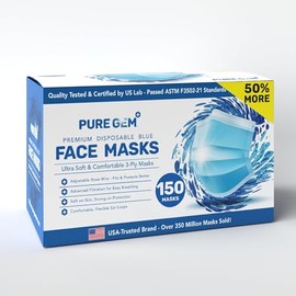 PURE GEM Paquete de 150 cubrebocas desechables azules de un solo uso, suave para la piel, cubrebocas de 3 capas con cintas elásticas para las orejas, 