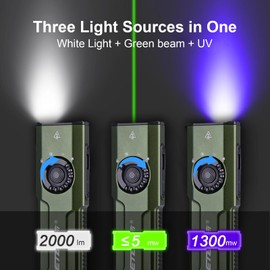 JETBeam E26 EDC Tactical Flashlight 2000 Lumens Rechargeable with Green Beam, UV and White LED Combo,Triple Light Sources Perfect for Checking,Working,Built from aviation-grade aluminium(with Battery)