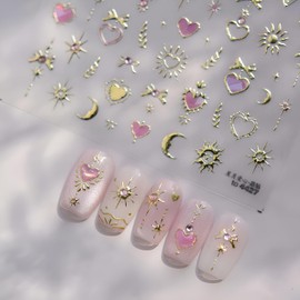 5D Embossed Gold Nail Stickers for Nail Art Gold Moon Star Nail Decals Self Adhesive Purple Gem Heart Nail Art Stickers Sun Bow Nails Supplies for Women Nail Manicure Accessories DIY