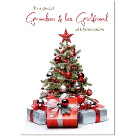 doodlecards Grandson and Girlfriend Christmas Card Christmas Tree and Parcels Medium Size Christmas Card for Grandson & Girlfriend with Plain Envelope