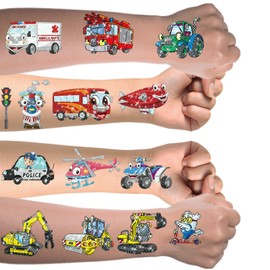 Children's Tattoo, 10 Sheets Glitter Vehicle Temporary Tattoo Set, Waterproof Skin-Friendly Tattoo for Girls and Boys, Birthday Party Decoration Accessories for Children's Birthday Party Bags