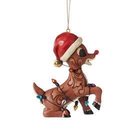 Enesco Jim Shore Rudolph The Red-Nosed Reindeer Wrapped in Lights Hanging Ornament, Multicolor