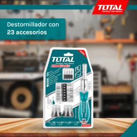 TOTAL Screwdriver with 23 Interchangeable Accessories | Ratchet Function with 22 Teeth | Double Interchangeable Rod | 16 Magnetic Tips | 7 Glasses