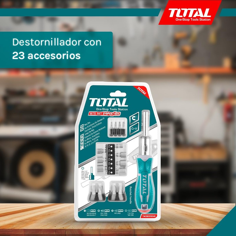 TOTAL Screwdriver with 23 Interchangeable Accessories | Ratchet Function with