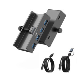 EJAY 4Ports USB3.0 HUB Alu Clamp Desktop USB3.0 Splitter for Desk/Monitors Clipping with Extra Power Supply Port,59inches Data & 39inches Power Cables-5Gbps (JK-4A-BK(5G)