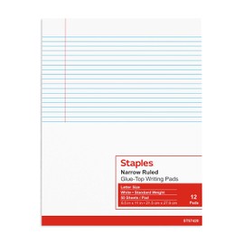 STAPLES Notepads, 8.5" x 11", Narrow Ruled, White, 50 Sheets/Pad, Dozen Pads/Pack