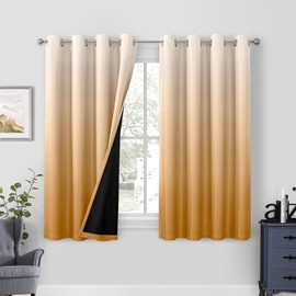 HOMEIDEAS Gold 100% Ombre Blackout Curtains for Bedroom, 52 X 63 Inches Long Room Darkening Gradient Light Blocking Thermal Insulated Grommet Drapes for Living Room, 2 Panels