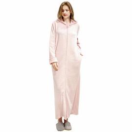 Oksun Womens Dressing Gown Full Length Hooded Robe Fleece Winter Warm Soft Bathrobe, Hood-pink, UK10-14(label L)