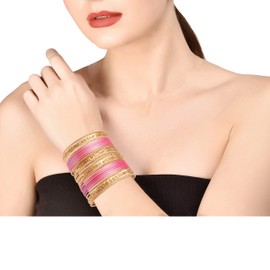 Touchstone New Indian Bollywood Colorful 2 Dozen Bangle Collection Golden Glitters Textured Pink Color Large Size Designer Jewelry Special Bangle Bracelets Set of 24 in Gold Tone for Women.
